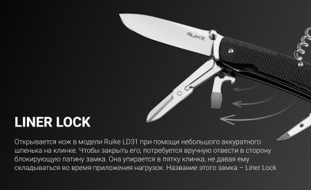 МультиТул RUiKE LD31-B 18-in-1 (Сталь_12С27/Черный_G-10)